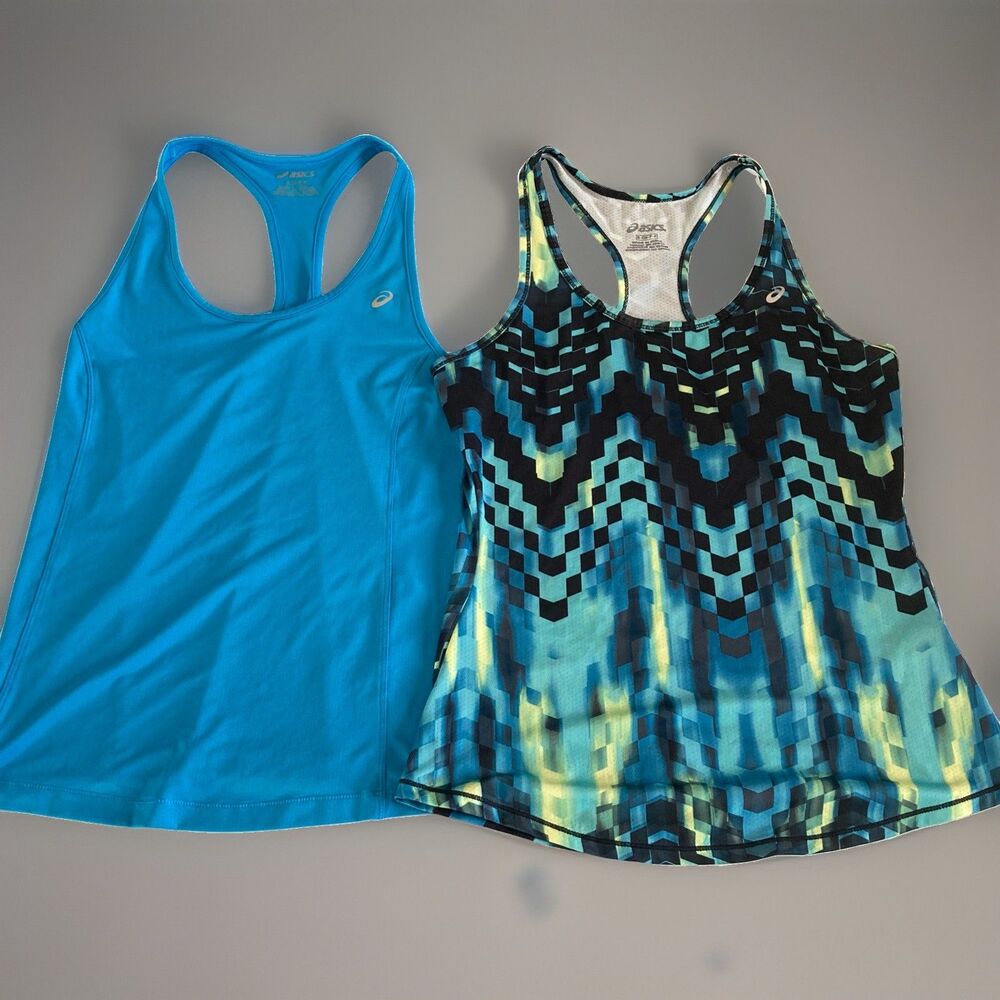 2 ASICS Tback Tops Small Turquoise & Multi Geometric Stretch Excellent Condition